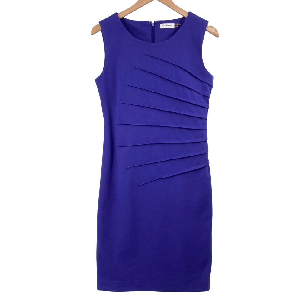Calvin Klein Purple Sheath Dress Size 8 Sleeveless Pleated Front Career